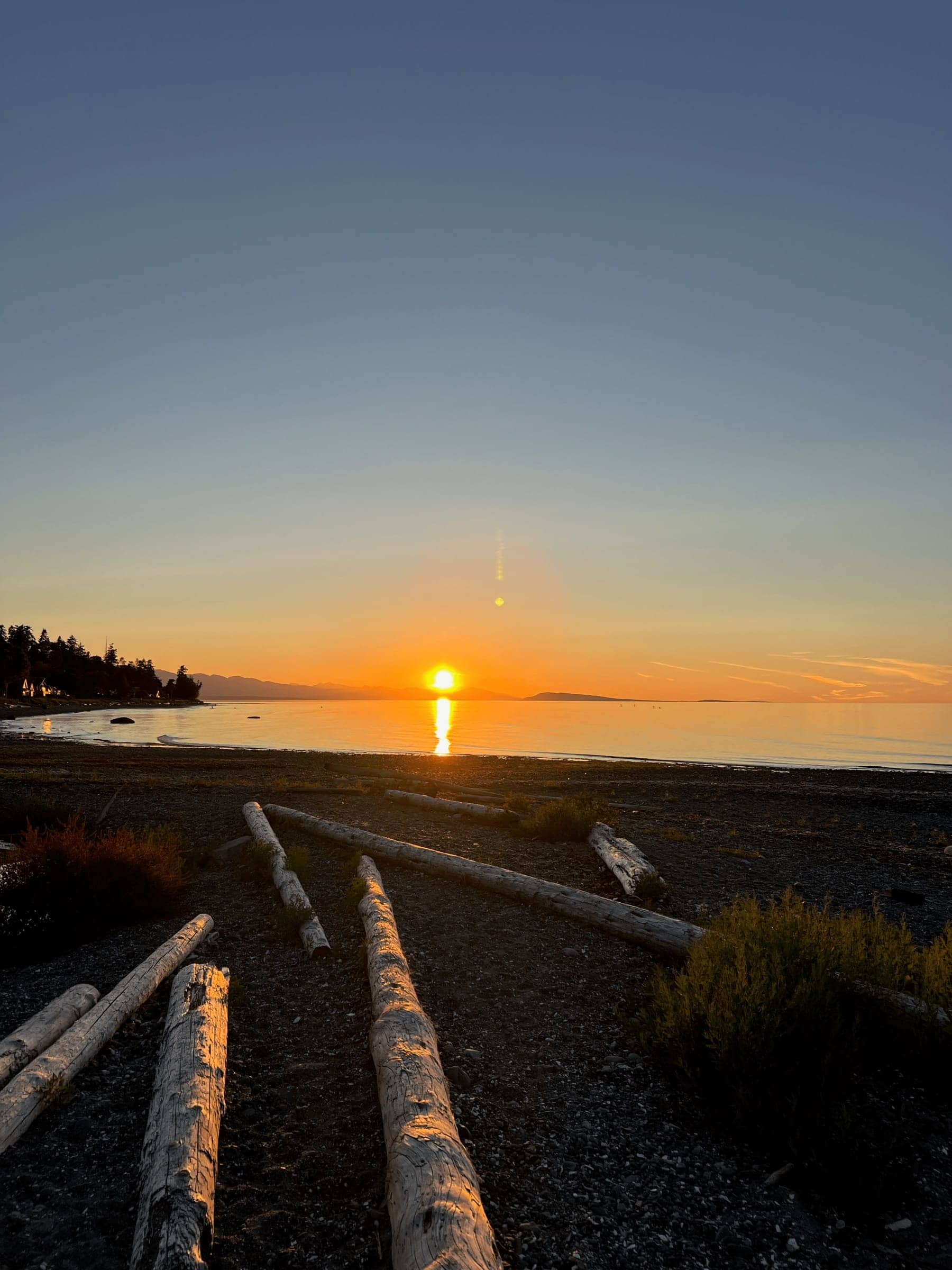 Sunset over the calm ocean with driftwood on the beach near Qualicum Beach